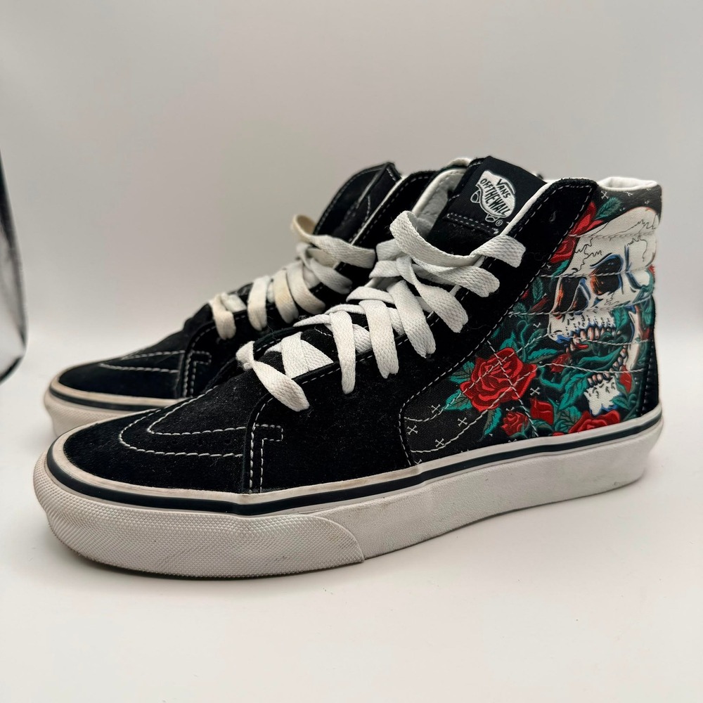 Vans Sk8-Hi Skull Roses High Top Sneakers Black White Men's 6 Women's 7.5 EU38